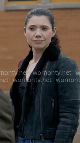 Violet's navy shearling lined moto jacket on Chicago Fire