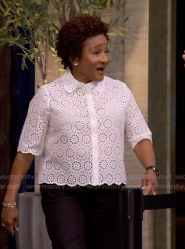 Wanda Sykes’s white eyelet short sleeve top on Live with Kelly and Mark