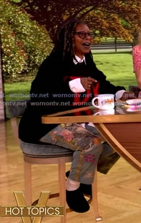 Whoopi's black IDK sweater and embroidered pants on The View