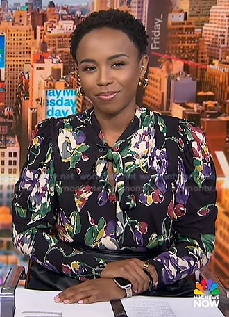 Zinhle's black floral print tie neck blouse on NBC News Daily