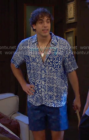 Aaron’s blue printed short sleeve shirt on Days of our Lives
