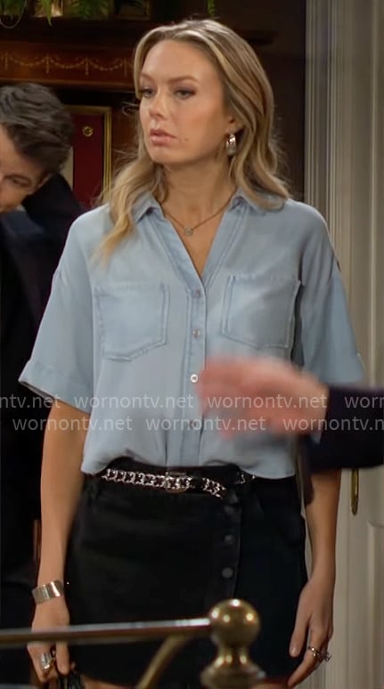 Abby's chambray shirt and black wrap skirt on The Young and the Restless