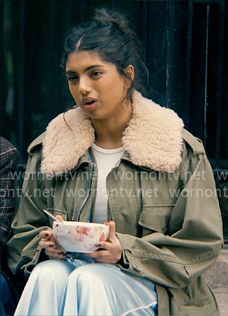 Abby's green jacket with fur collar on Not Suitable For Work