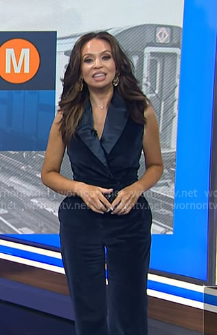 Adelle's navy velvet tuxedo jumpsuit on Today