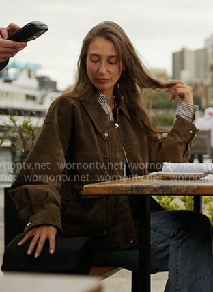 Amanda's brown suede jacket with patch pocket on In The City