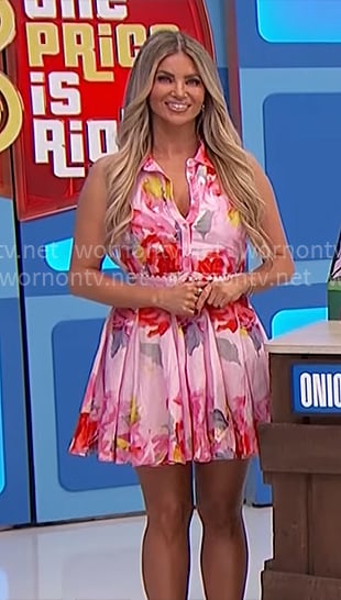 Amber's pink floral belted dress on The Price is Right