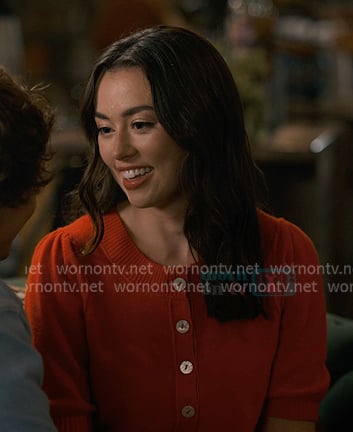 Annie's red short sleeve cardigan on Sweet Magnolias