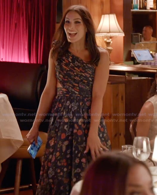 Ashley's black floral print one shoulder dress on The Real Housewives of Rhode Island