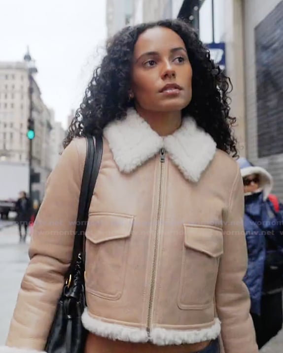 Ava's beige shearling trim leather jacket on Next Gen NYC