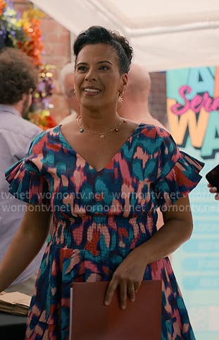Beatriz's abstract print v-neck dress on Sweet Magnolias
