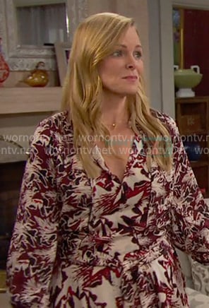 Belle's burgundy and ivory printed dress on Days of our Lives