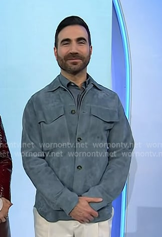 Brett Goldstein's grey suede shirt jacket on Today