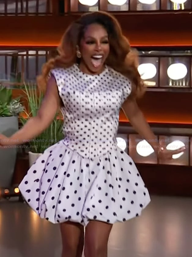 Candiace's white polka dot vest and mini skirt on The Kelly Clarkson Show