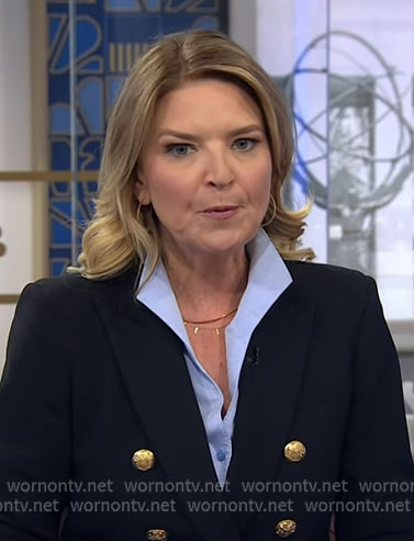 Christine Romans' black double breasted blazer on NBC News Daily