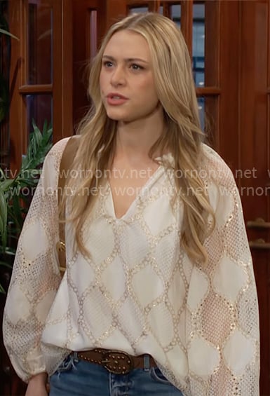 Claire's white blouse with gold pattern on The Young and the Restless
