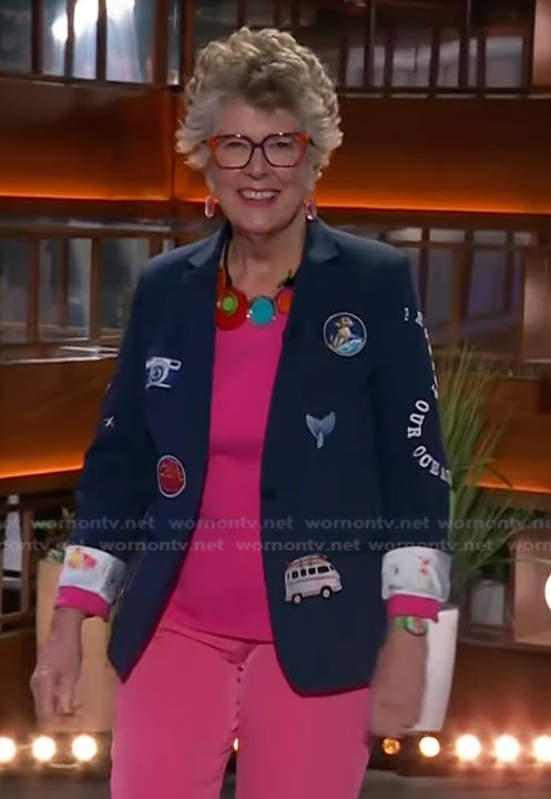 Dame Prue Leith's navy embroidered blazer on The Kelly Clarkson Show