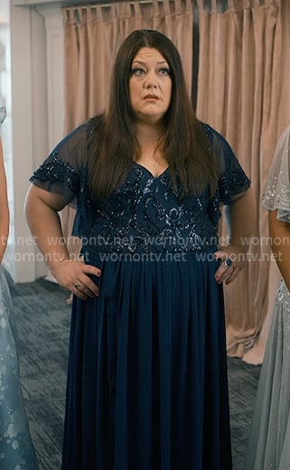 Dana's navy embellished flutter sleeve dress on Sweet Magnolias