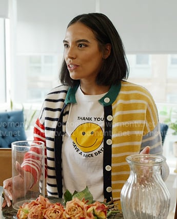 Danielle's smiley face tee and multicolor striped cardigan on In The City