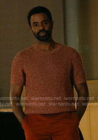 Daveed's red ribbed short sleeve sweater on Off Campus
