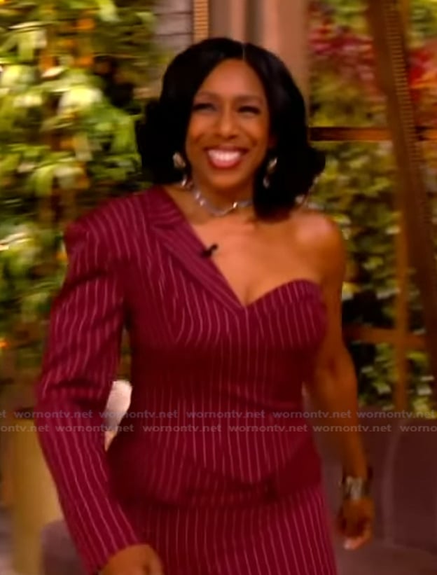 Dawnn Lewis's burgundy striped off shoulder dress on The View