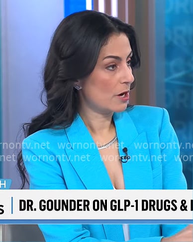 Dr Celine Gounder's turquoise blue blazer on CBS Mornings