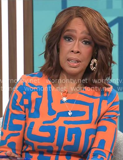 Gayle King's orange and blue printed dress on CBS Mornings