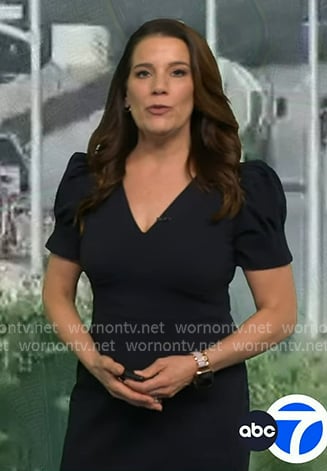 Heather's navy v-neck puff sleeve dress on Good Morning America