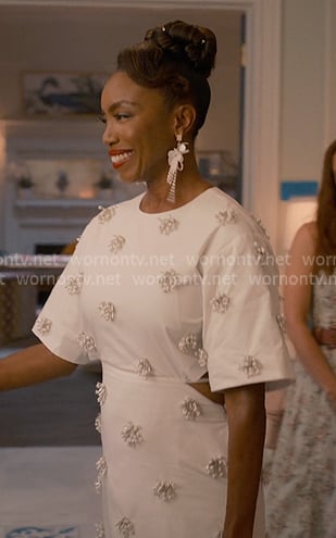 Helen's white pearl embellished dress on Sweet Magnolias