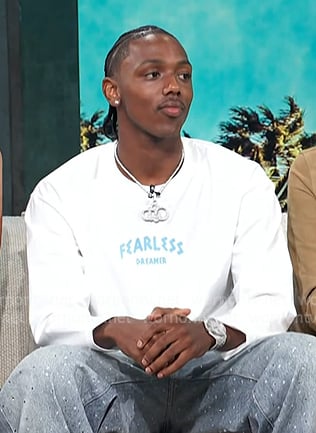 Hercy Miller's white logo print long sleeve tee on Access Hollywood