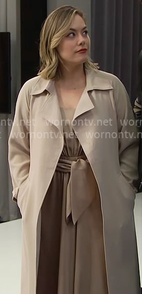 Hope's champagne tie-waist dress and beige trench on The Bold and the Beautiful