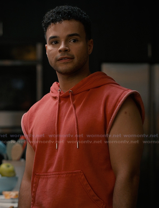 Isaac's red sleeveless hoodie on Sweet Magnolias