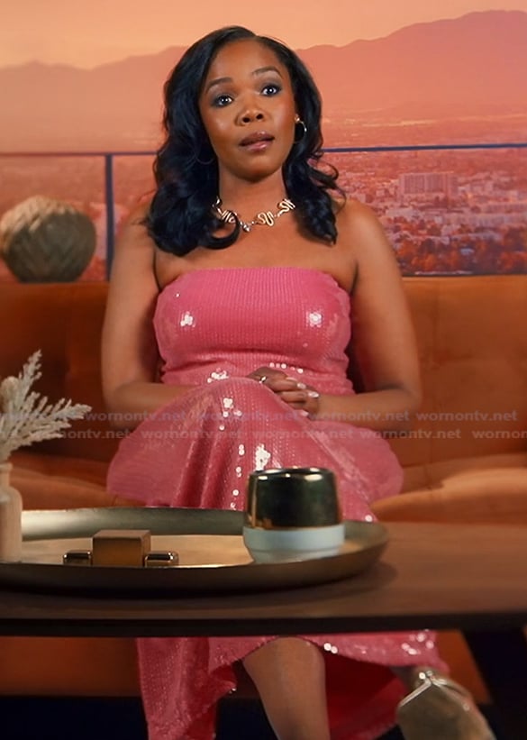 Jasmine's pink sequin confessional dress on The Valley