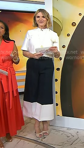 Jenna's white cropped top and navy colorblock wide-leg pants on Today