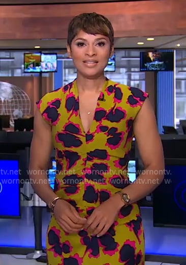 Jericka Duncan’s yellow abstract print dress on CBS Evening News