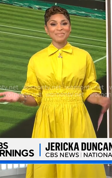 Jericka Duncan's yellow ruched waist shirtdress on CBS Mornings