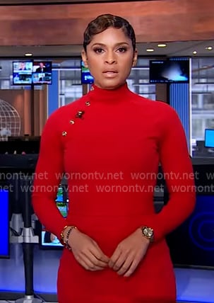 Jericka's red button detail dress on CBS Evening News