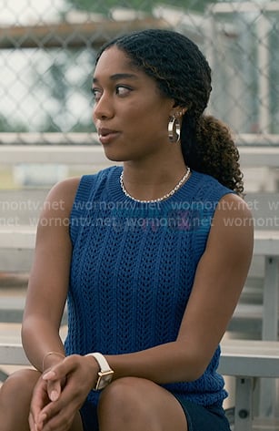Jessica’s blue pointelle knit vest on Sweet Magnolias