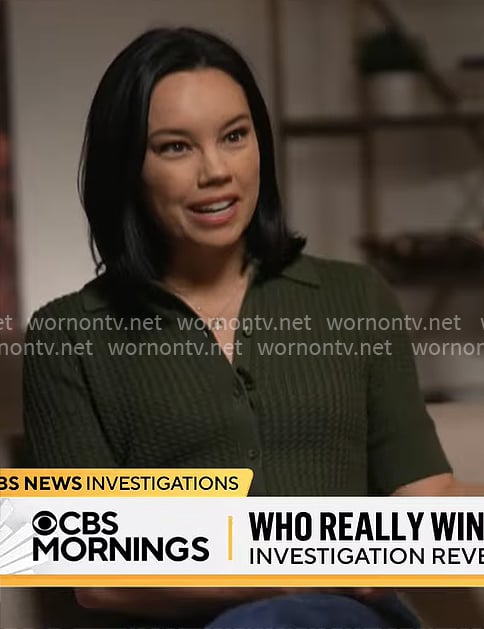 Jo Ling Kent's green button front knit top on CBS Mornings