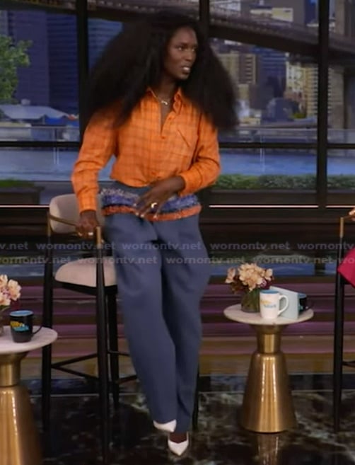 Jodie Smith's orange shirt and pants on Live with Kelly and Mark