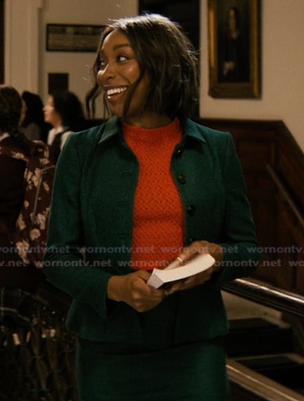 Kate's green textured blazer and top on Not Suitable For Work