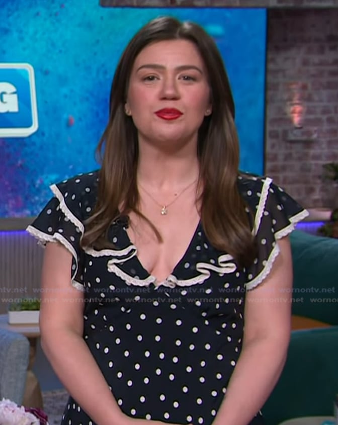Kelly's Navy polka dot dress on The Kelly Clarkson Show