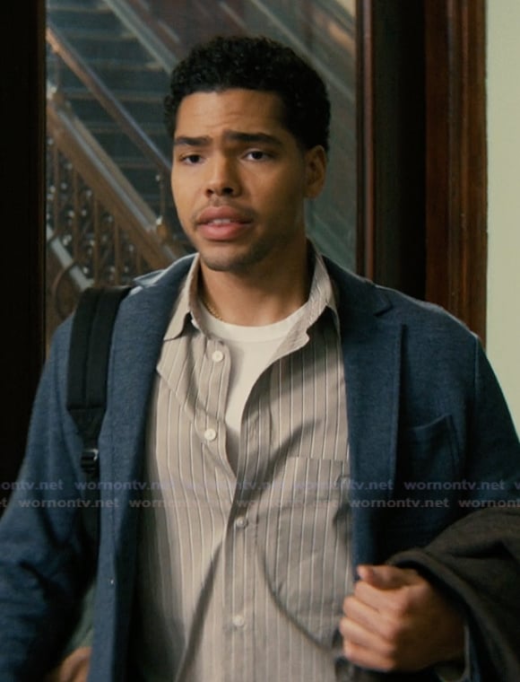 Kel's blue knit blazer and shirt on Not Suitable For Work