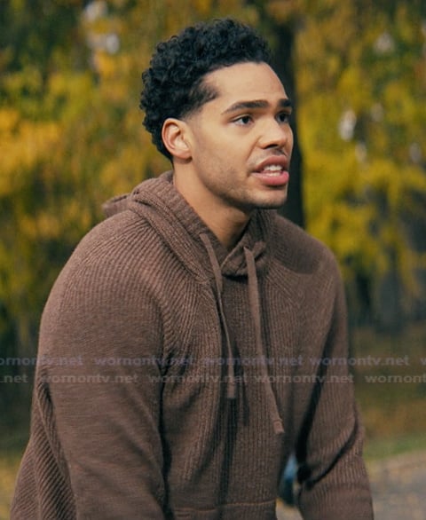 Kel's brown knit hoodie on Not Suitable For Work