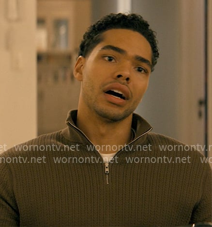 Kel's olive cable knit quarter zip sweater on Not Suitable For Work
