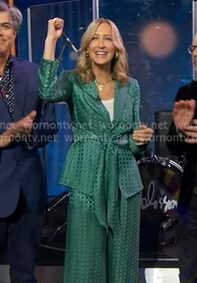 Lara's green satin tie front blazer and pants on Good Morning America