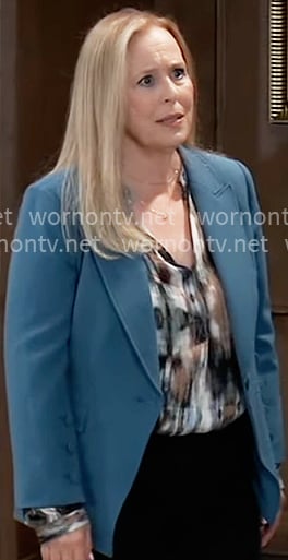 Laura's teal blazer and printed blouse on General Hospital