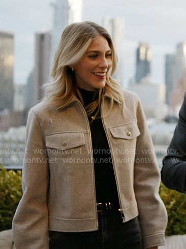 Lexi's grey zip jacket on In The City