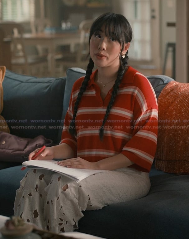 Lily's red striped polo and cutout pants on Sweet Magnolias