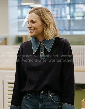 Lindsay's navy denim collar sweater on In The City