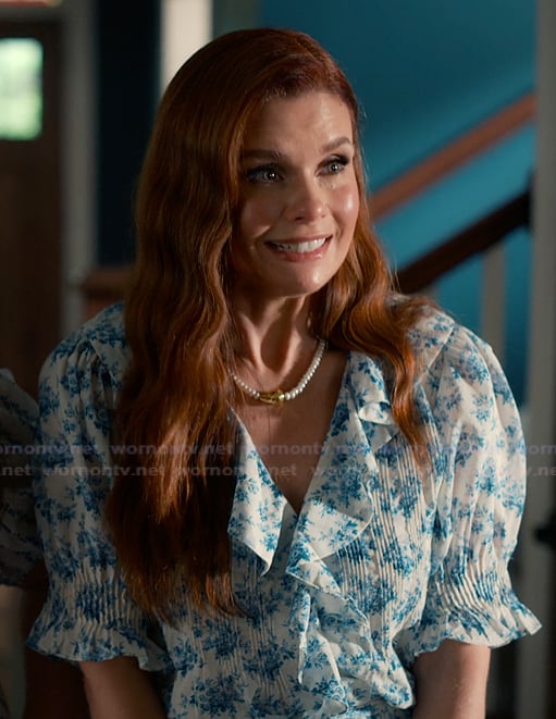 Maddie's blue floral print ruffle top on Sweet Magnolias
